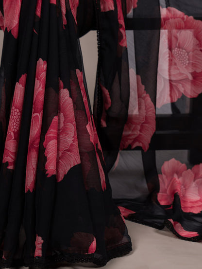 Black Chiffon Saree With A Pink Floral Print And Lace Border