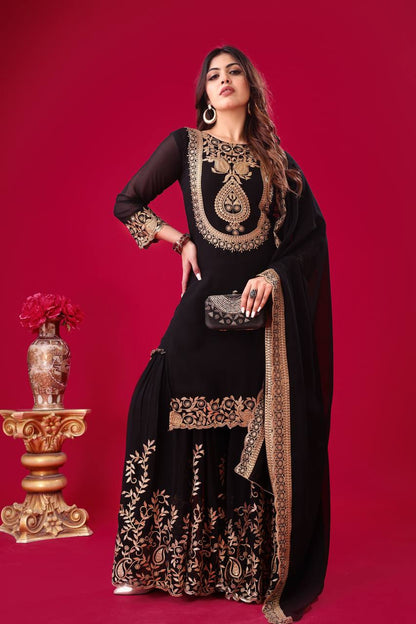 Black Designer Blooming Faux Georgette Palazzo Top and Dupatta
