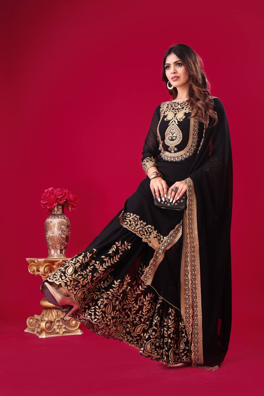 Black Designer Blooming Faux Georgette Palazzo Top and Dupatta