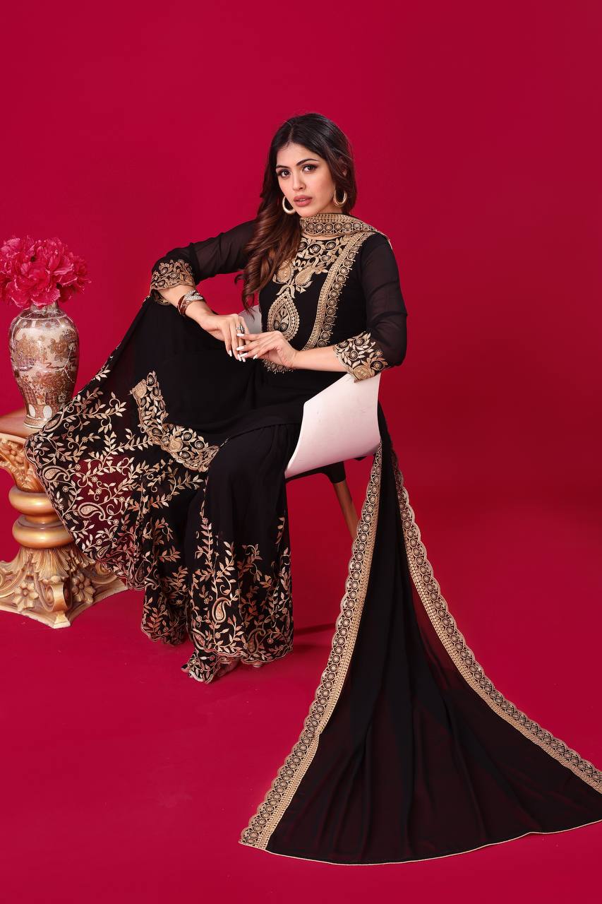 Black Designer Blooming Faux Georgette Palazzo Top and Dupatta