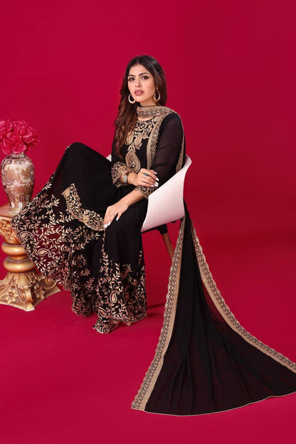 Black Designer Blooming Faux Georgette Palazzo Top and Dupatta