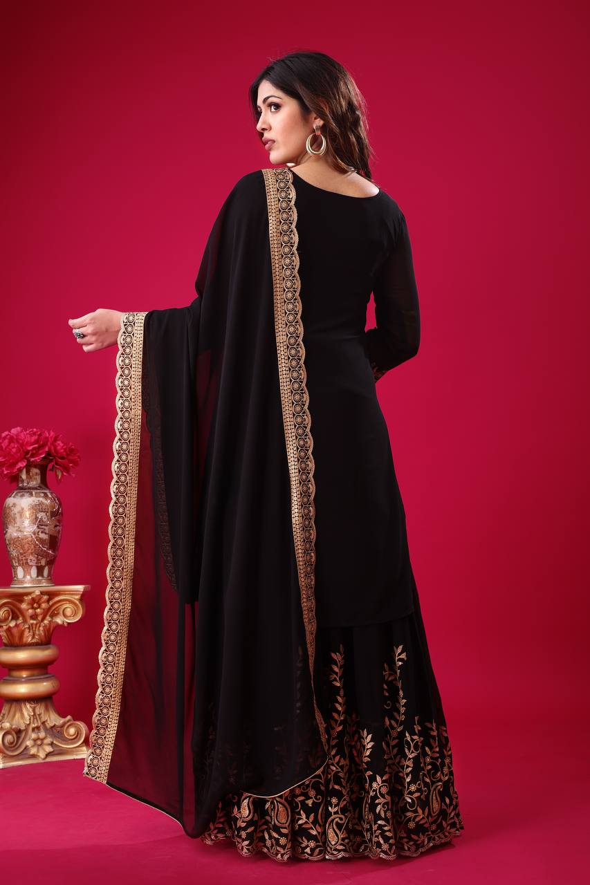 Black Designer Blooming Faux Georgette Palazzo Top and Dupatta