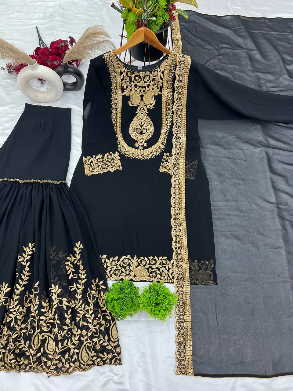 Black Designer Blooming Faux Georgette Palazzo Top and Dupatta