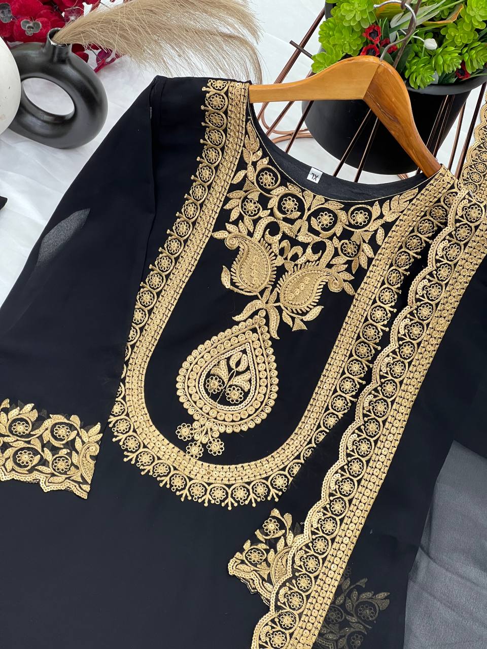 Black Designer Blooming Faux Georgette Palazzo Top and Dupatta