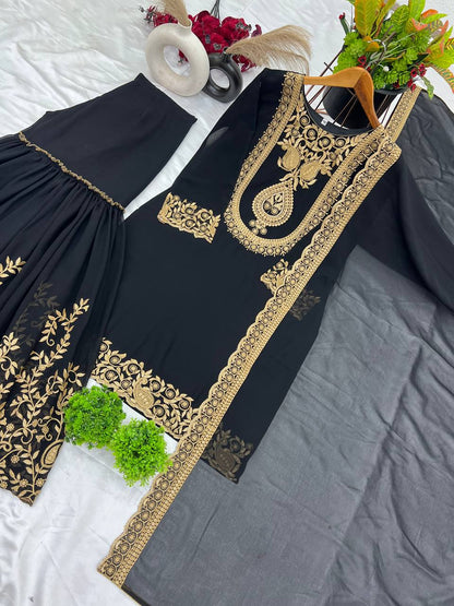 Black Designer Blooming Faux Georgette Palazzo Top and Dupatta