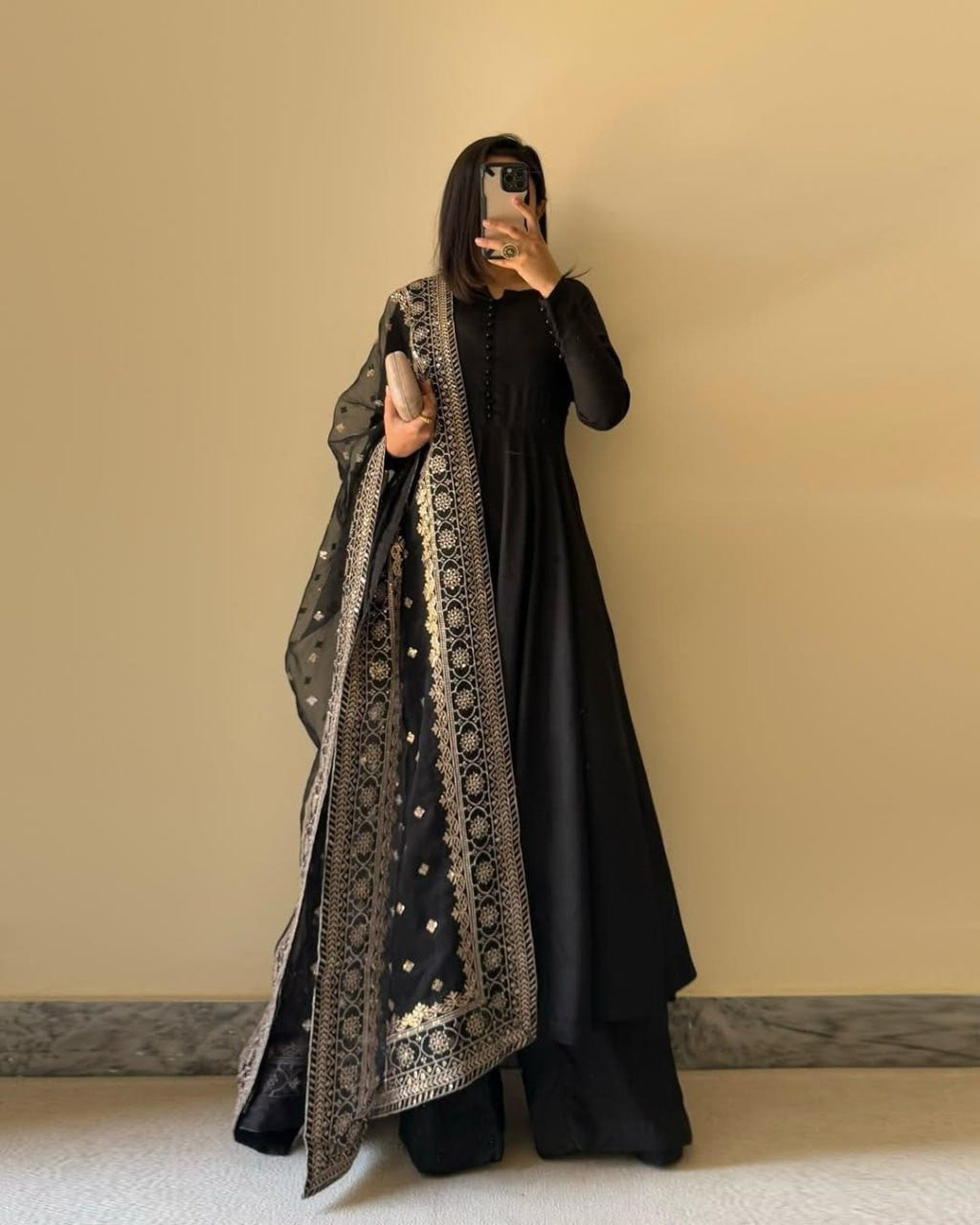 Black Designer Chinon Silk Palazzo Suit with Soft Net Sequins Dupatta