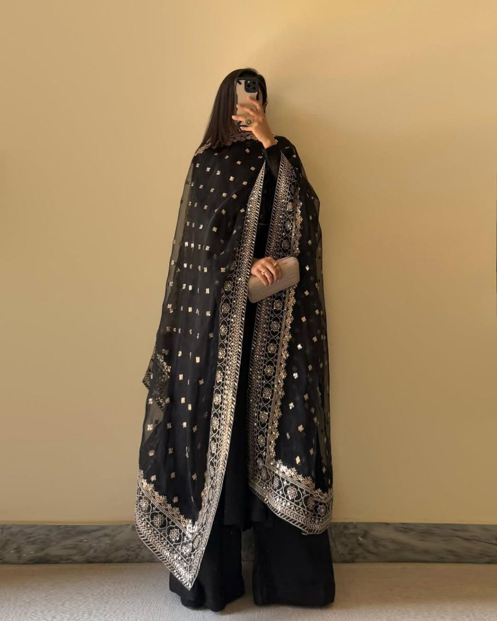 Black Designer Chinon Silk Palazzo Suit with Soft Net Sequins Dupatta
