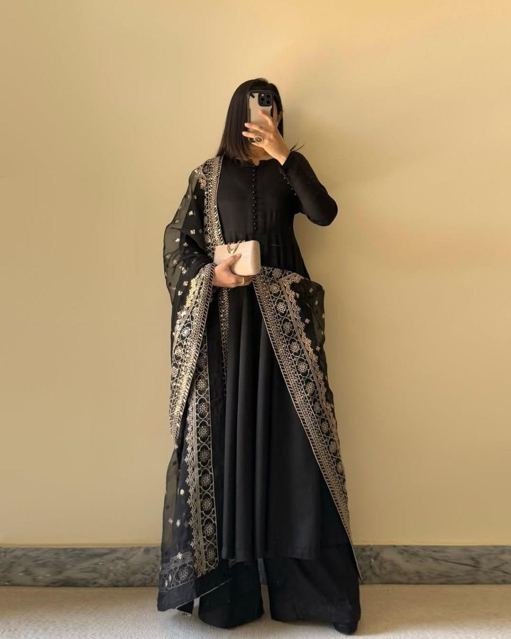 Black Designer Chinon Silk Palazzo Suit with Soft Net Sequins Dupatta