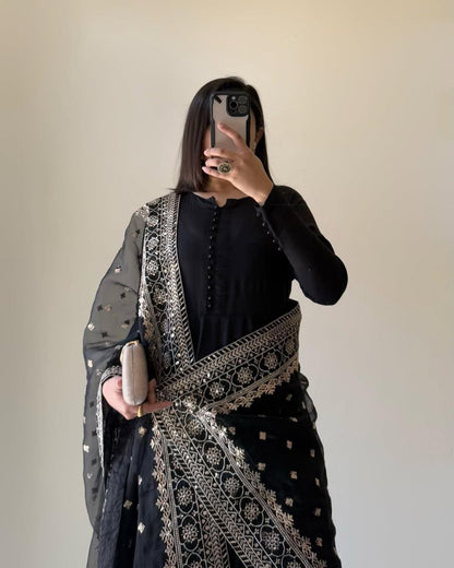 Black Designer Chinon Silk Palazzo Suit with Soft Net Sequins Dupatta