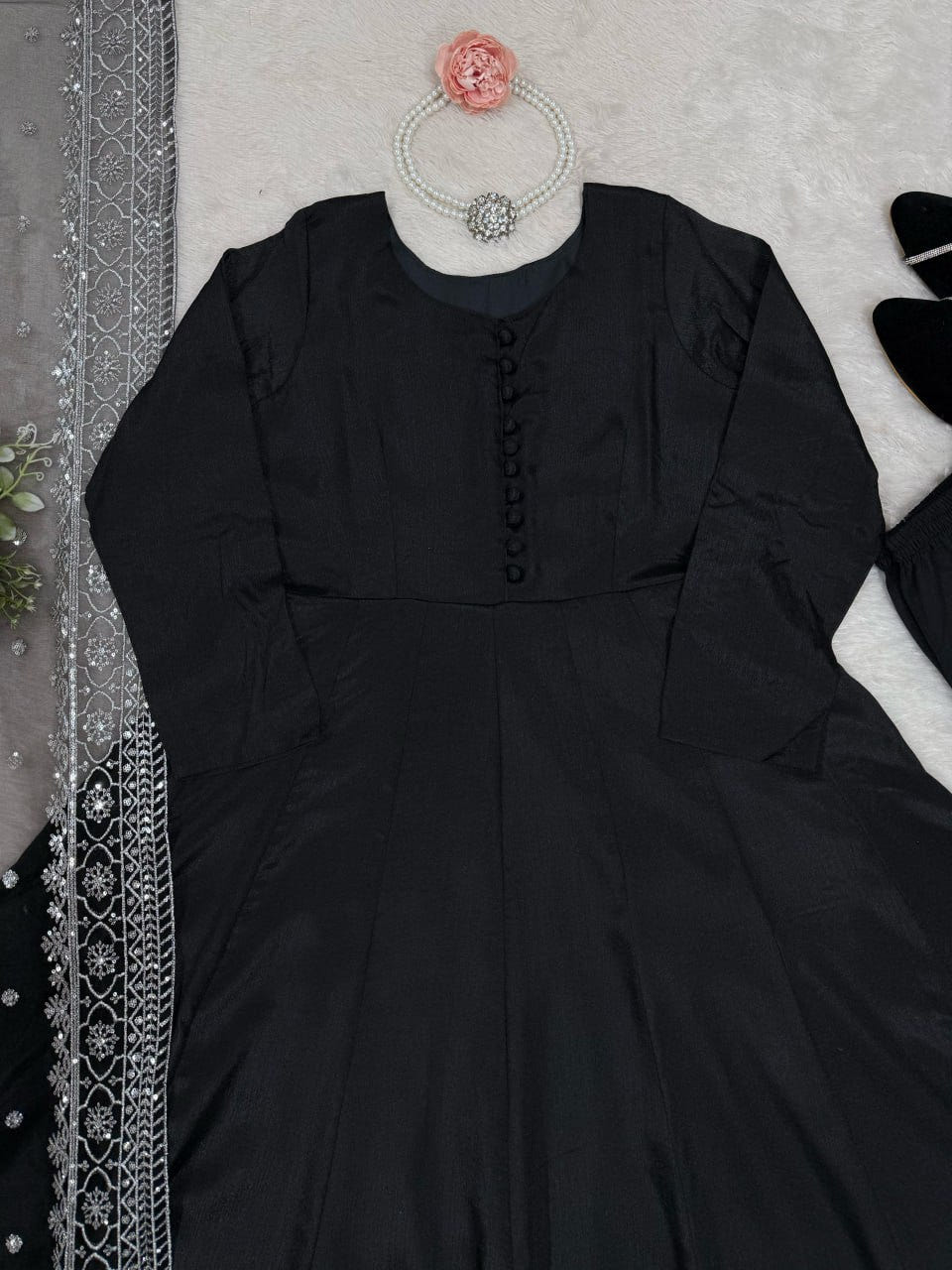 Black Designer Chinon Silk Palazzo Suit with Soft Net Sequins Dupatta