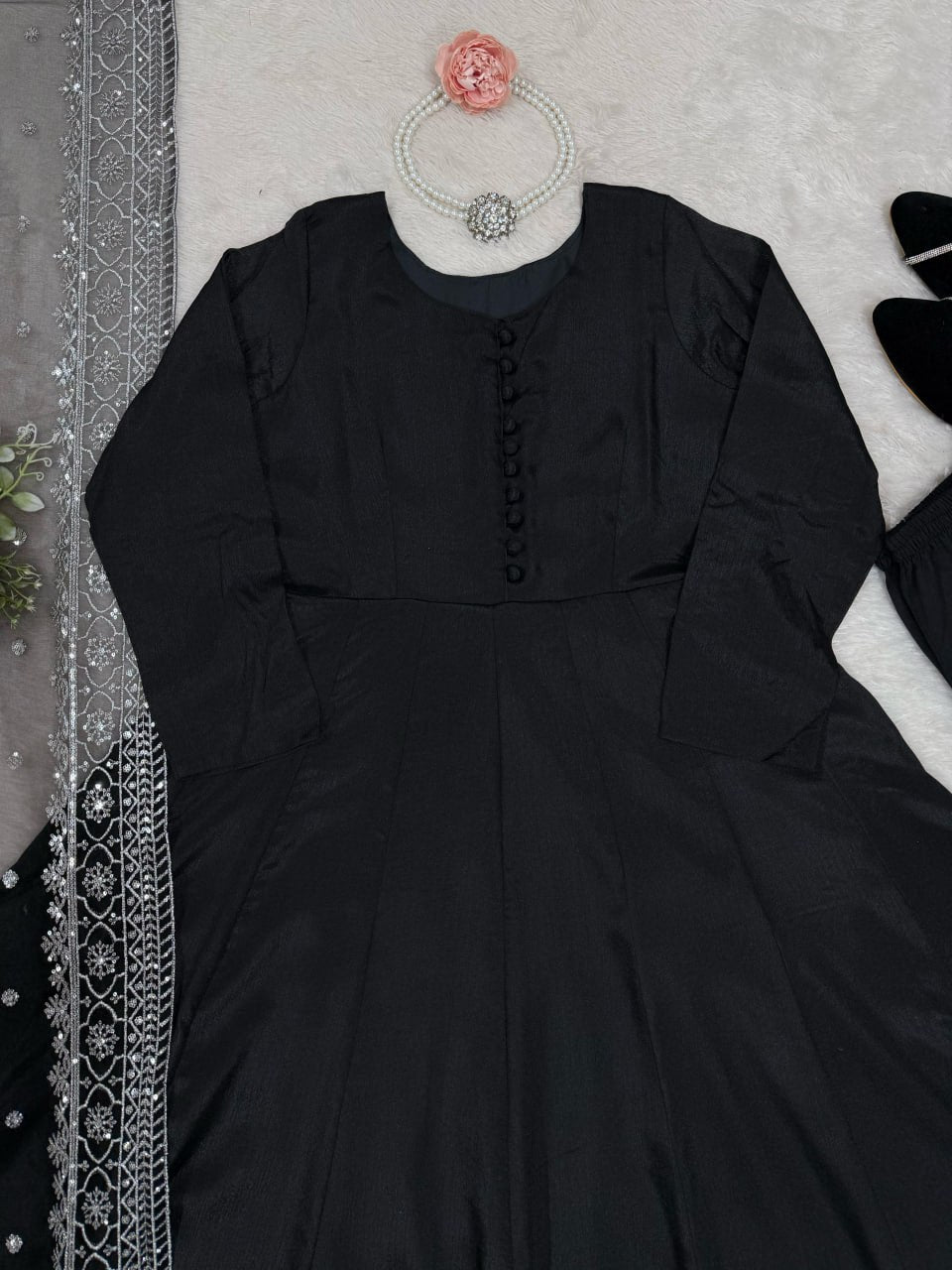 Black Designer Chinon Silk Palazzo Suit with Soft Net Sequins Dupatta