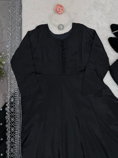 Black Designer Chinon Silk Palazzo Suit with Soft Net Sequins Dupatta