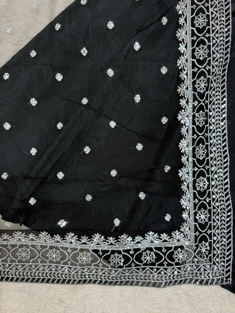 Black Designer Chinon Silk Palazzo Suit with Soft Net Sequins Dupatta