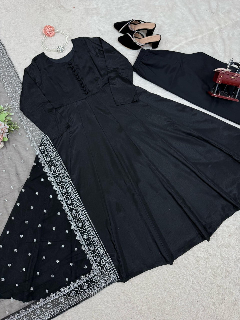 Black Designer Chinon Silk Palazzo Suit with Soft Net Sequins Dupatta
