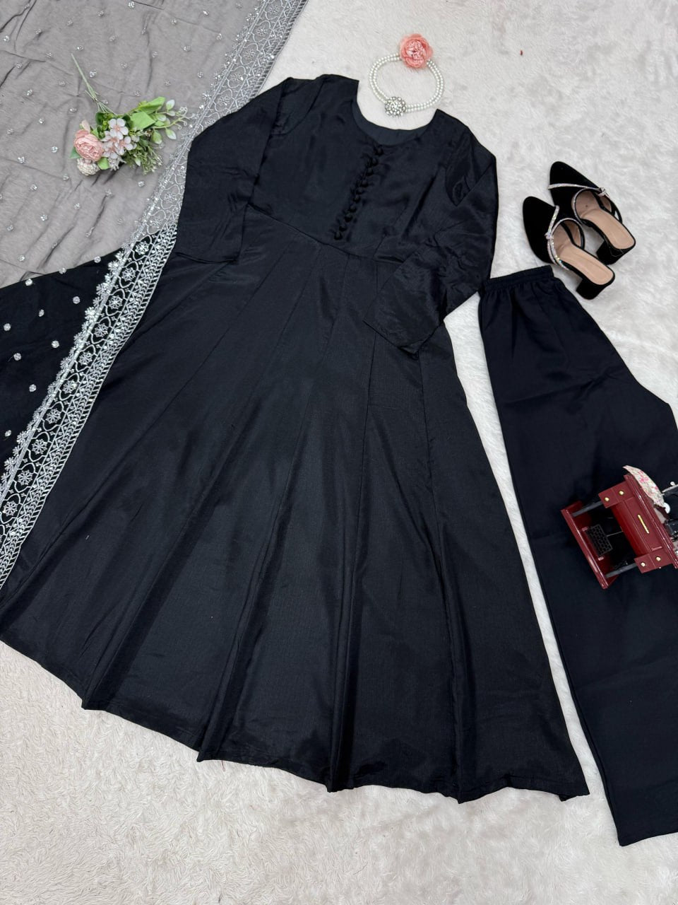 Black Designer Chinon Silk Palazzo Suit with Soft Net Sequins Dupatta