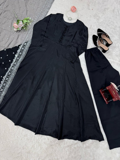 Black Designer Chinon Silk Palazzo Suit with Soft Net Sequins Dupatta
