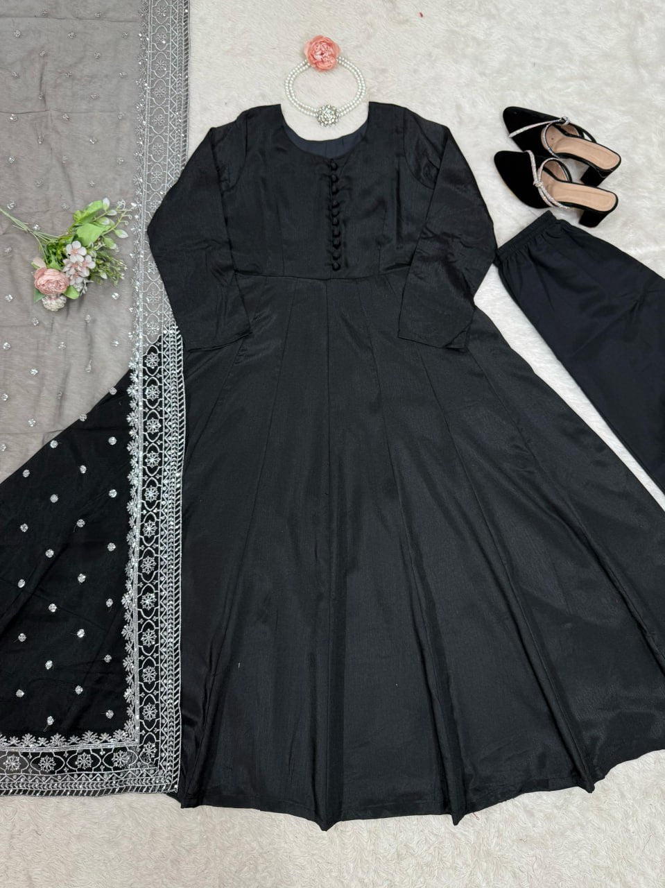 Black Designer Chinon Silk Palazzo Suit with Soft Net Sequins Dupatta