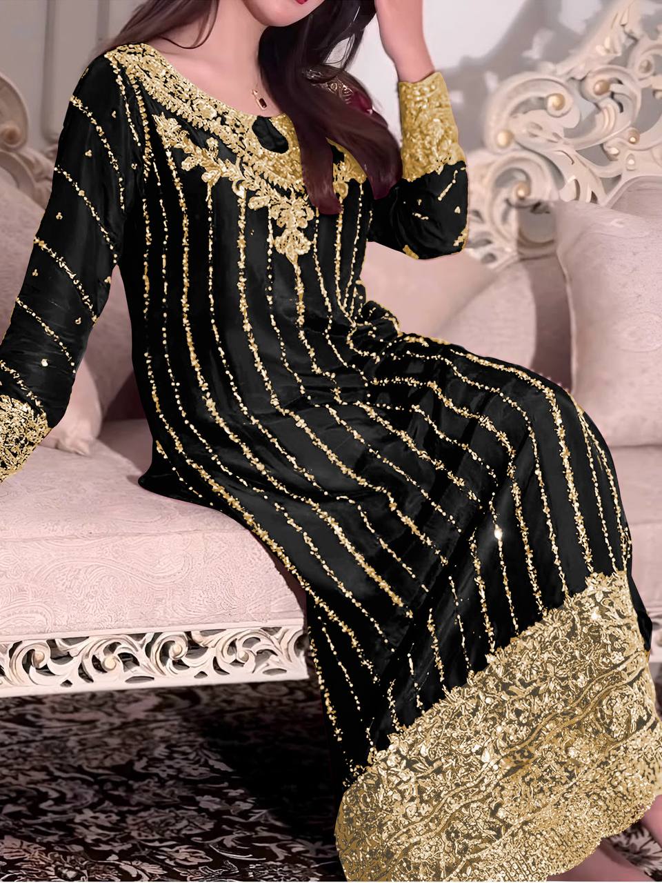 Black Designer Chinon Silk Plazzo Long Top and Dupatta For Party Wear