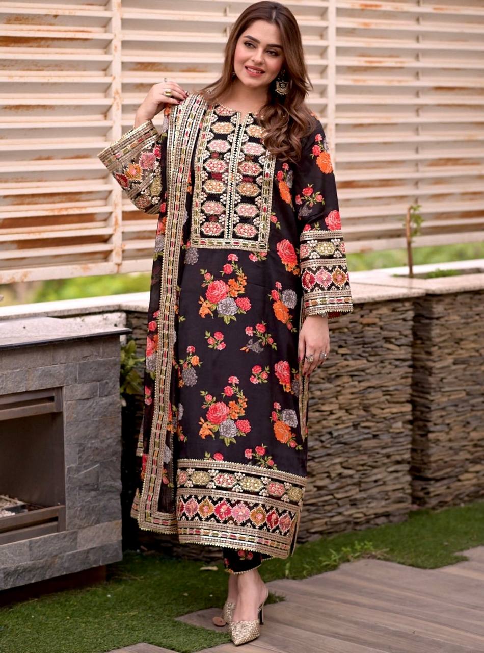 Black Designer Chinon Silk Print Top Bottom and Dupatta For Party Wear