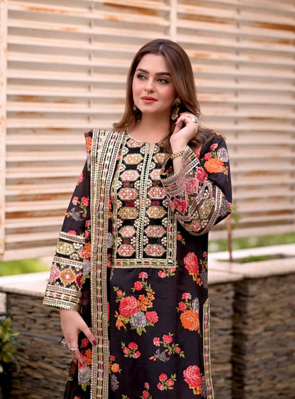 Black Designer Chinon Silk Print Top Bottom and Dupatta For Party Wear