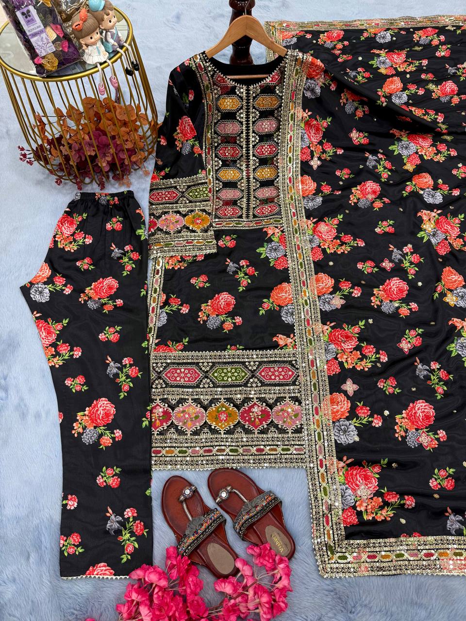 Black Designer Chinon Silk Print Top Bottom and Dupatta For Party Wear