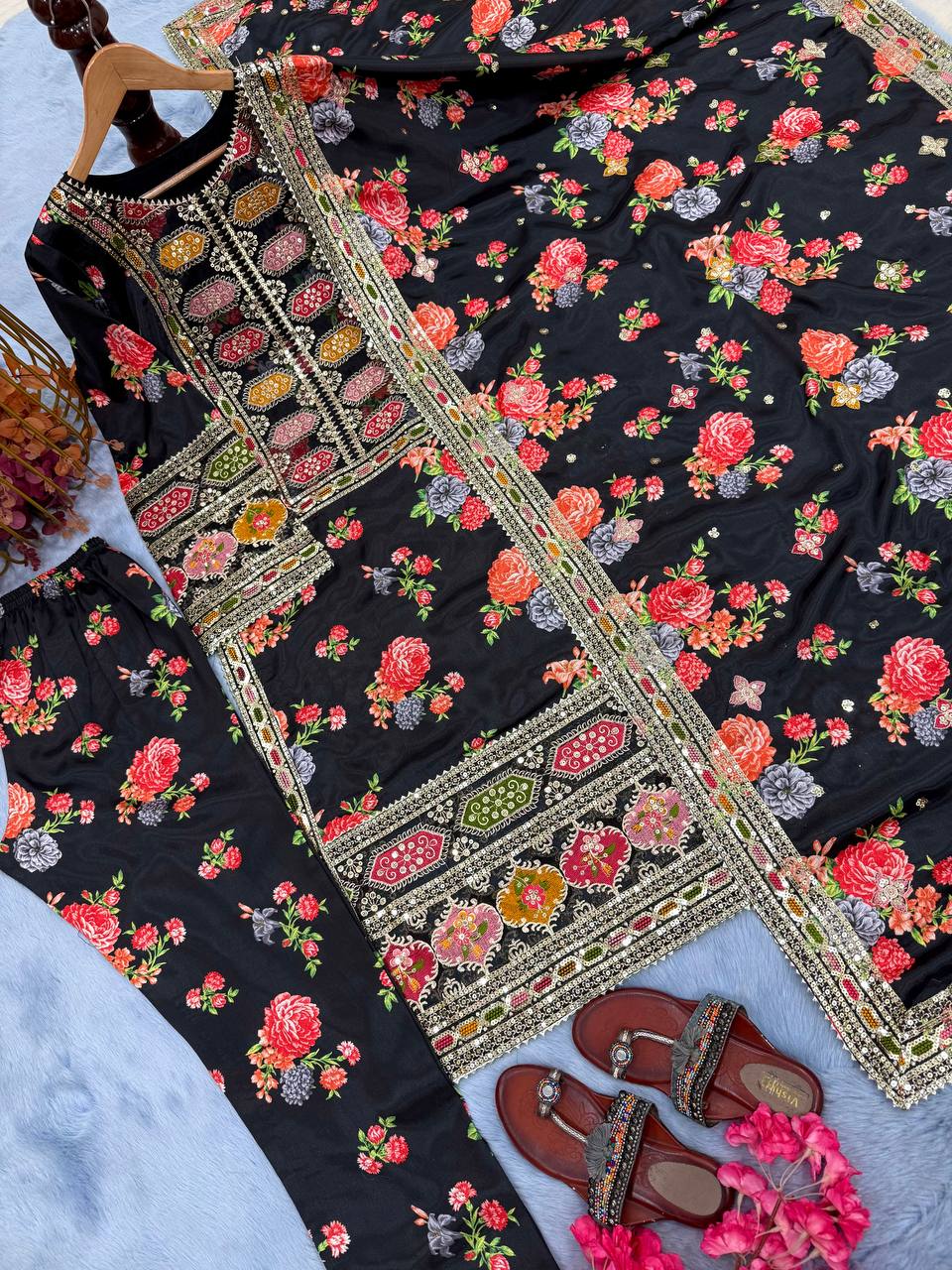 Black Designer Chinon Silk Print Top Bottom and Dupatta For Party Wear