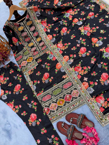 Black Designer Chinon Silk Print Top Bottom and Dupatta For Party Wear