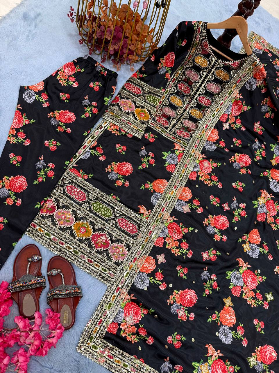 Black Designer Chinon Silk Print Top Bottom and Dupatta For Party Wear