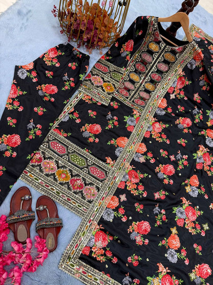 Black Designer Chinon Silk Print Top Bottom and Dupatta For Party Wear