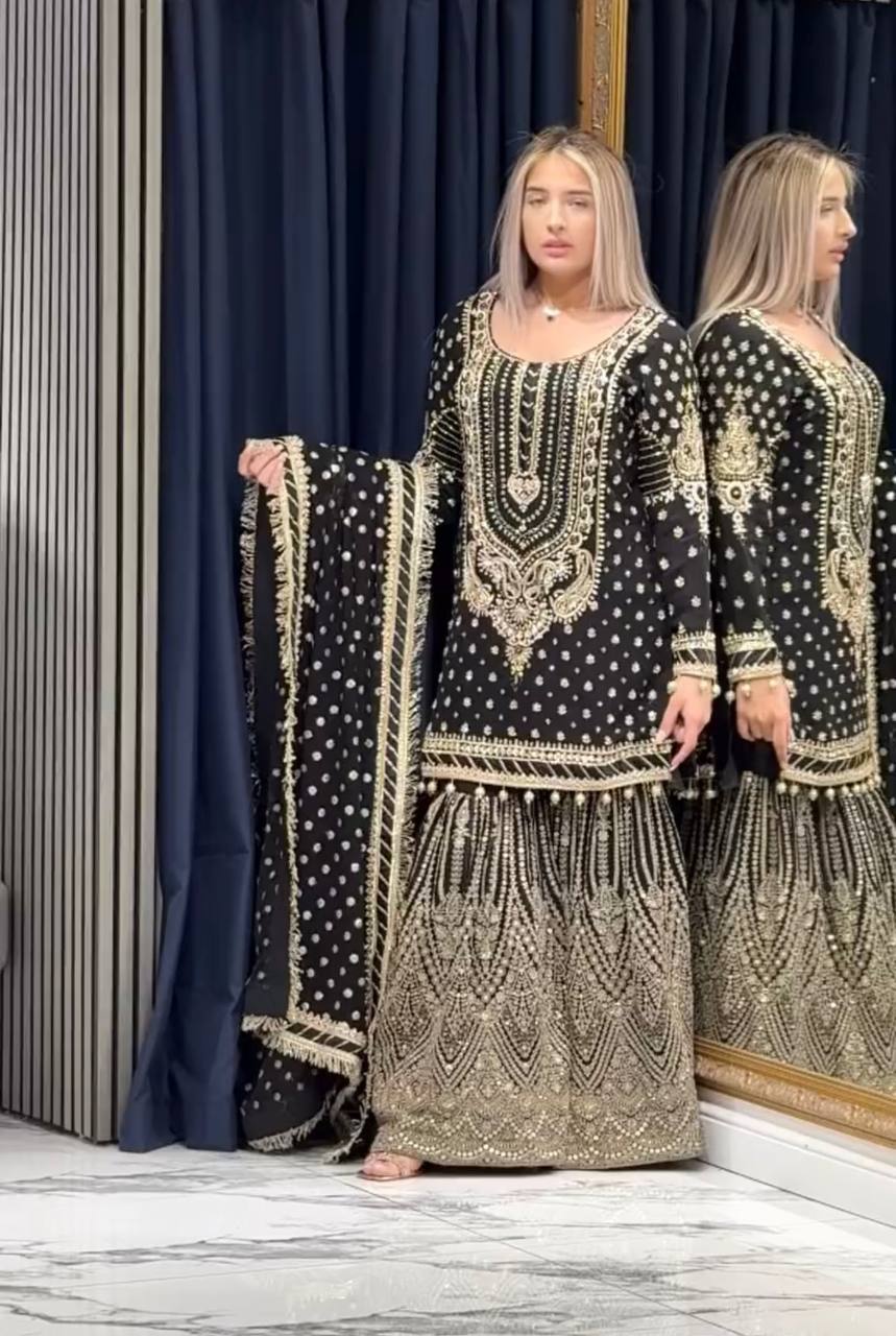 Black Designer Farshi Plazzo Top and Dupatta For Nikah Wear