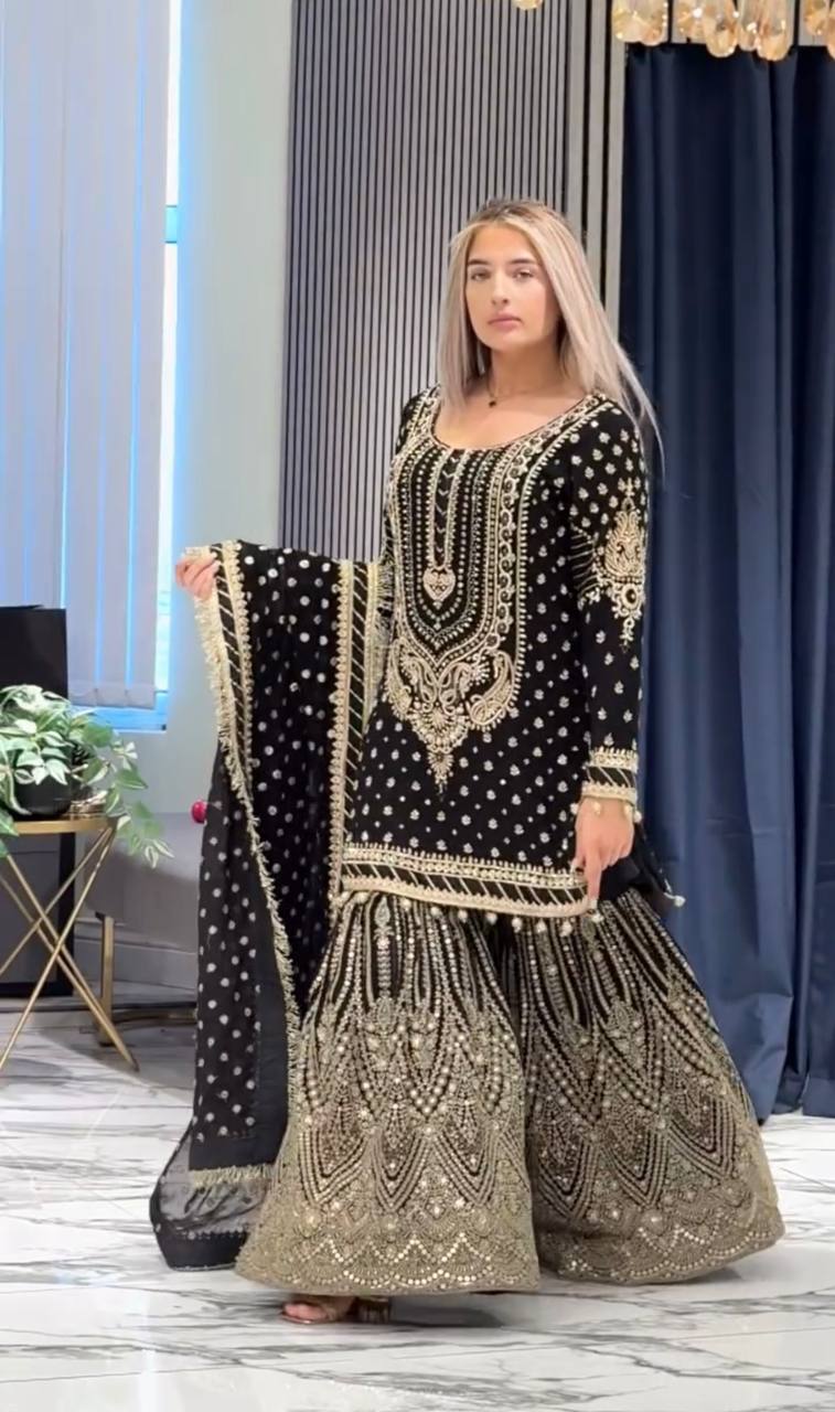 Black Designer Farshi Plazzo Top and Dupatta For Nikah Wear