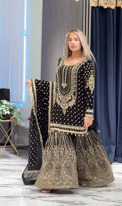 Black Designer Farshi Plazzo Top and Dupatta For Nikah Wear