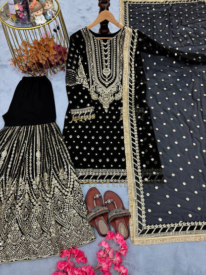 Black Designer Farshi Plazzo Top and Dupatta For Nikah Wear