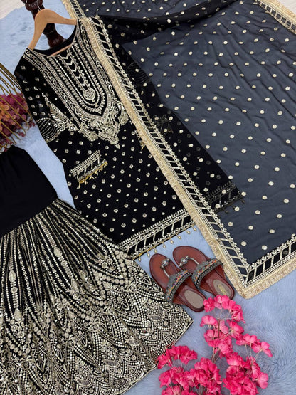 Black Designer Farshi Plazzo Top and Dupatta For Nikah Wear