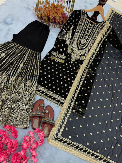 Black Designer Farshi Plazzo Top and Dupatta For Nikah Wear
