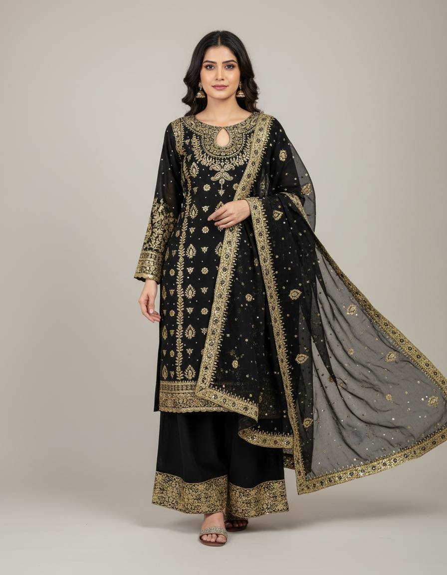 Black Designer Faux Georgette Palazzo Top and Dupatta For Party Wear