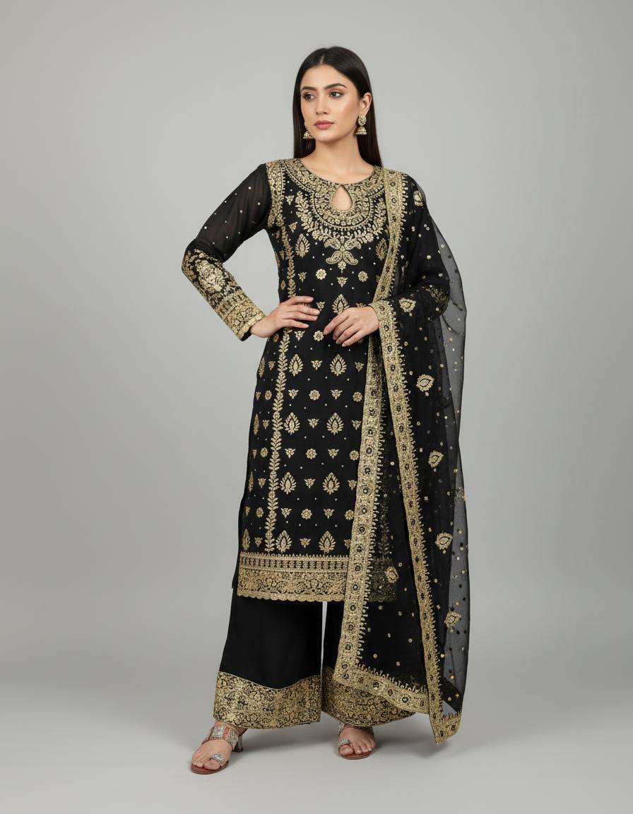 Black Designer Faux Georgette Palazzo Top and Dupatta For Party Wear