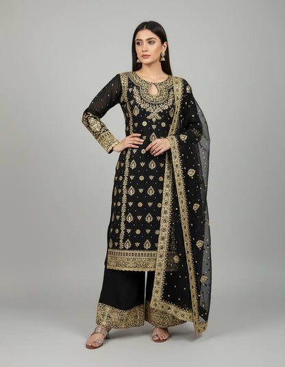 Black Designer Faux Georgette Palazzo Top and Dupatta For Party Wear