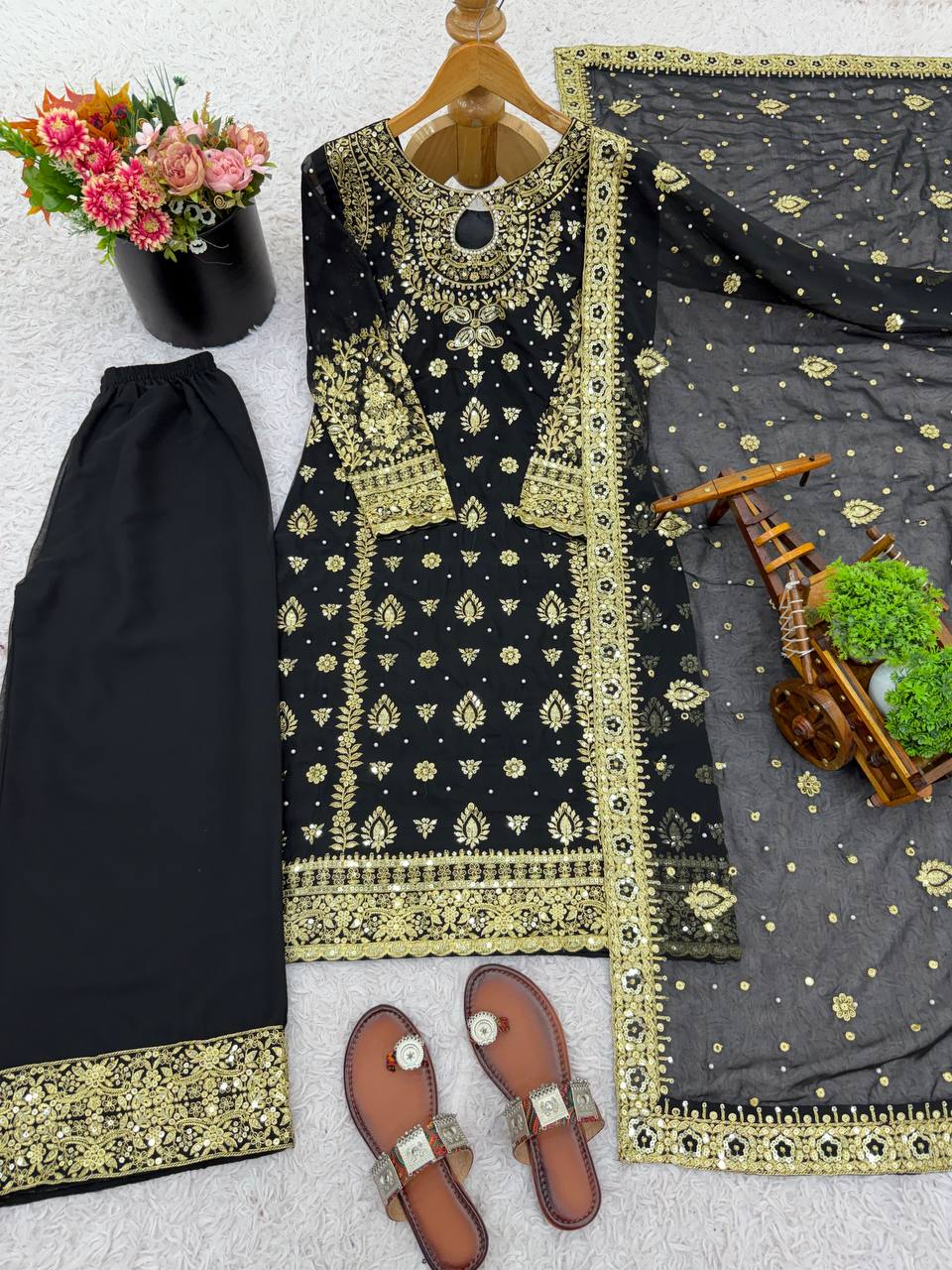Black Designer Faux Georgette Palazzo Top and Dupatta For Party Wear