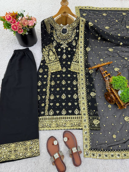 Black Designer Faux Georgette Palazzo Top and Dupatta For Party Wear
