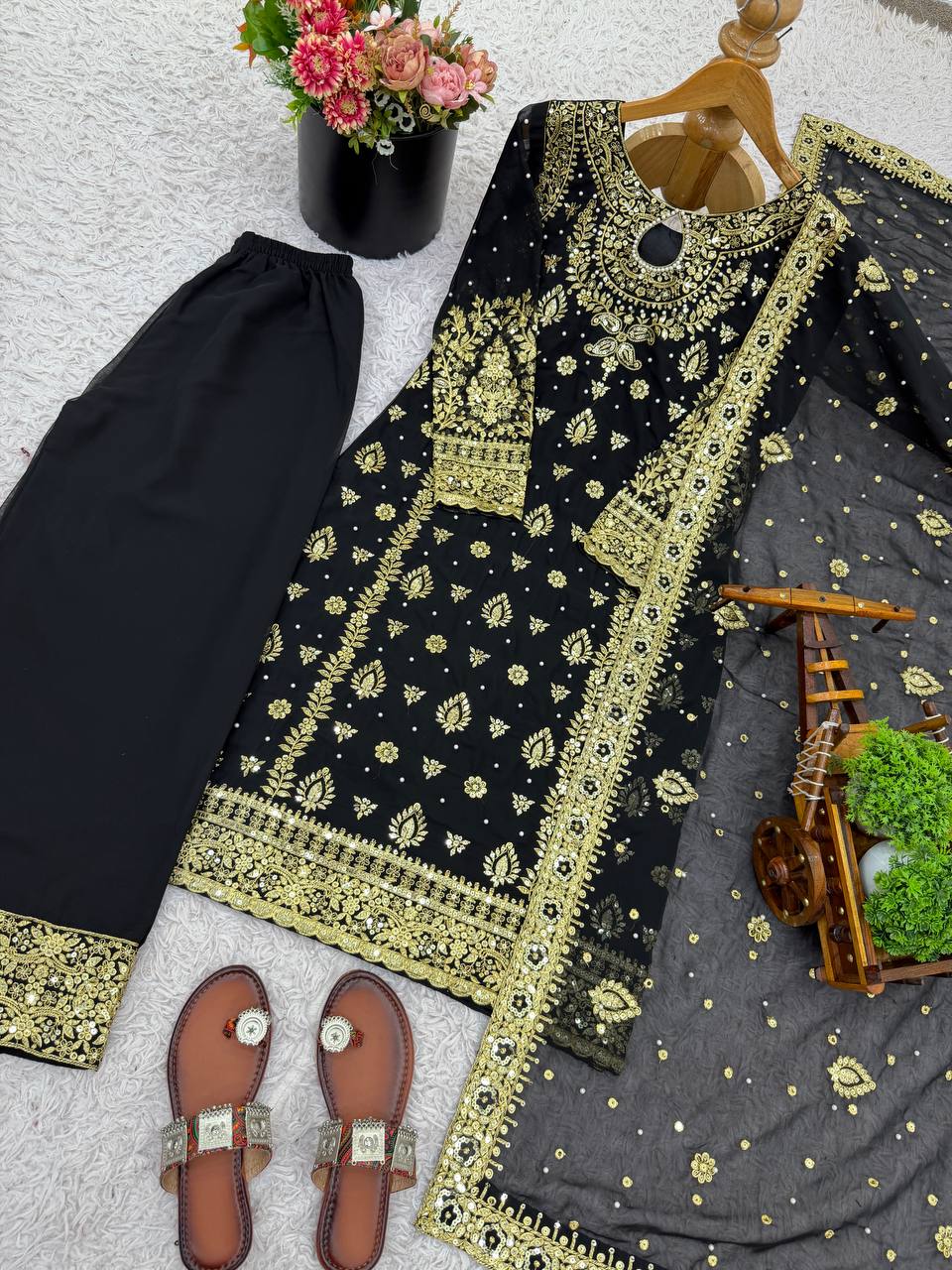 Black Designer Faux Georgette Palazzo Top and Dupatta For Party Wear