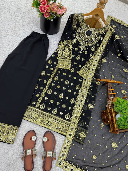 Black Designer Faux Georgette Palazzo Top and Dupatta For Party Wear
