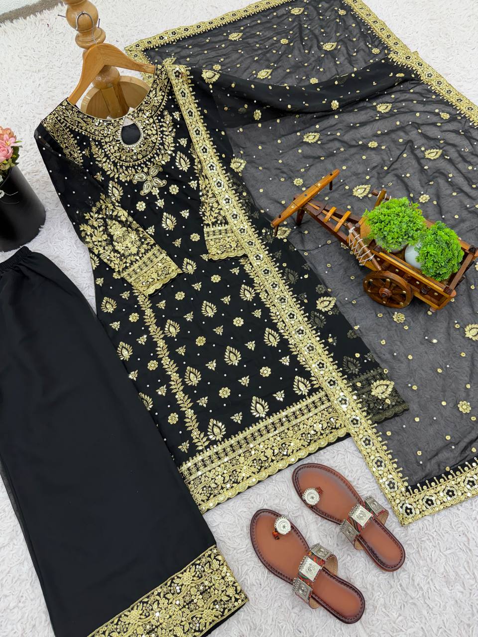 Black Designer Faux Georgette Palazzo Top and Dupatta For Party Wear