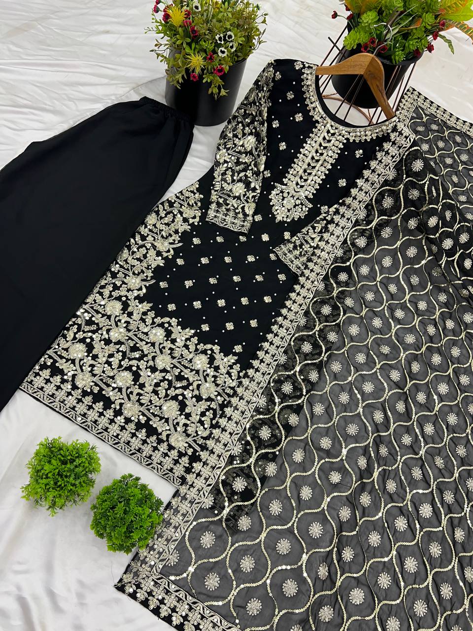 Black Designer Faux Georgette Palazzo Top Dupatta For Party Wear