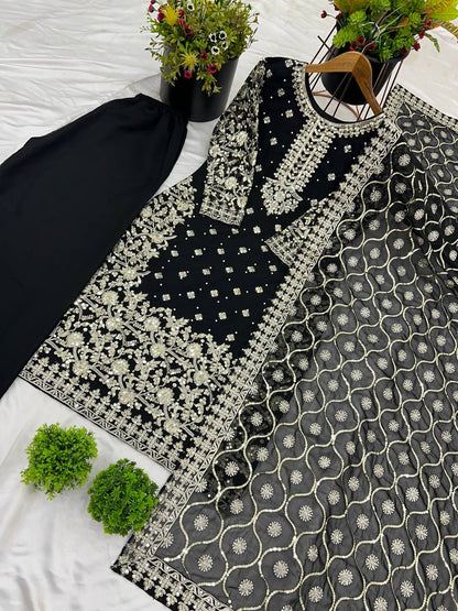 Black Designer Faux Georgette Palazzo Top Dupatta For Party Wear