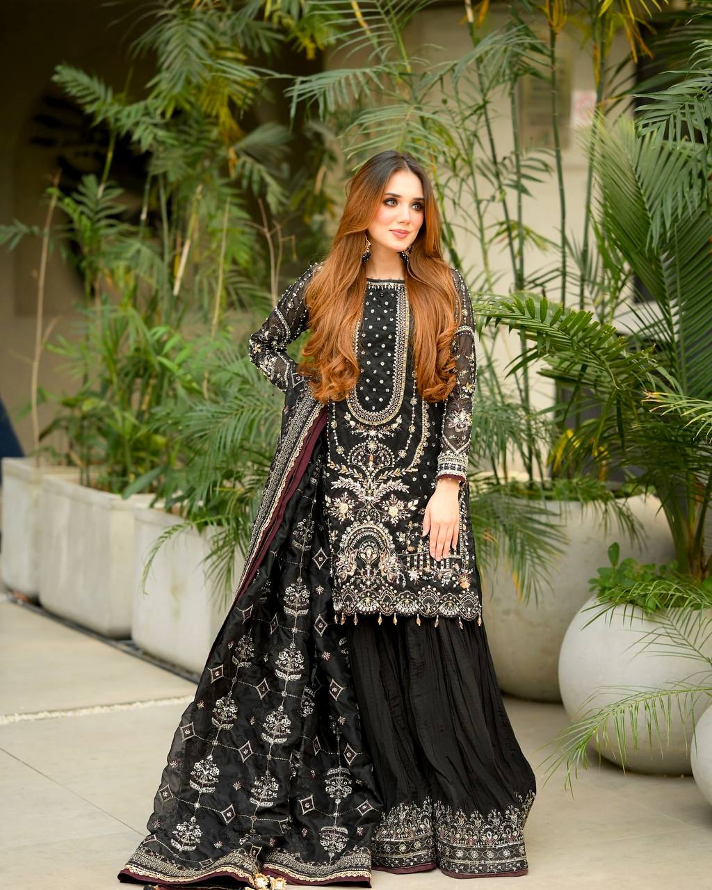 Black Designer Faux Georgette  Plazzo Top and Dupatta For Party Wear