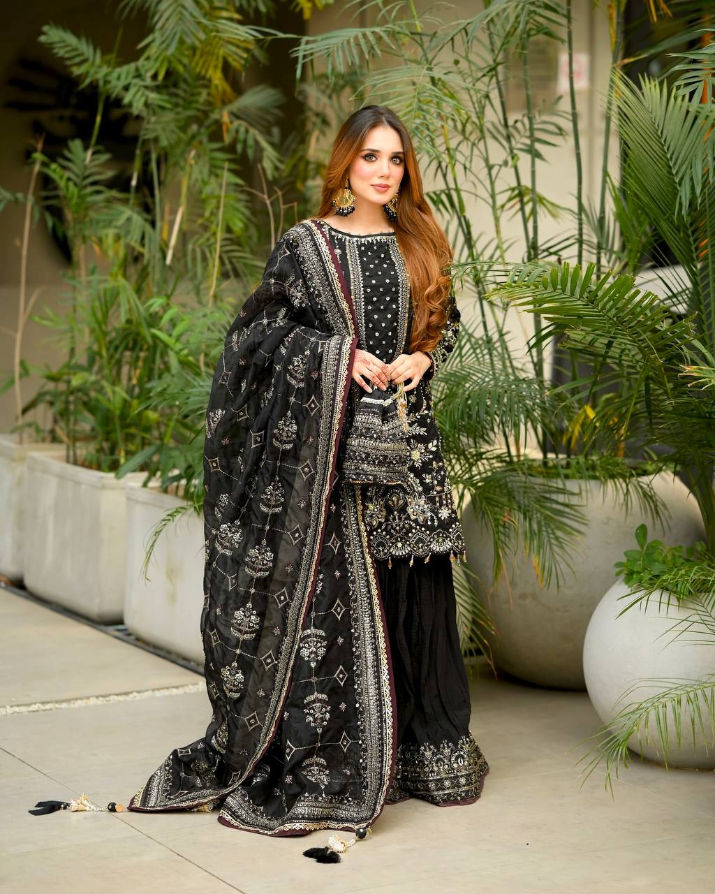 Black Designer Faux Georgette  Plazzo Top and Dupatta For Party Wear