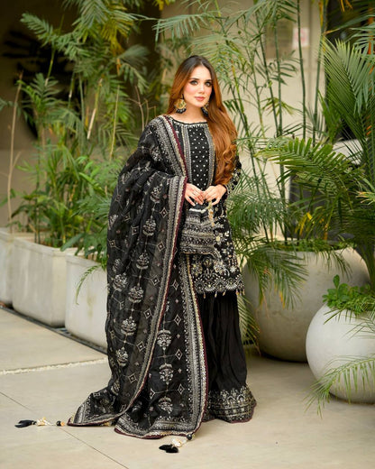 Black Designer Faux Georgette  Plazzo Top and Dupatta For Party Wear