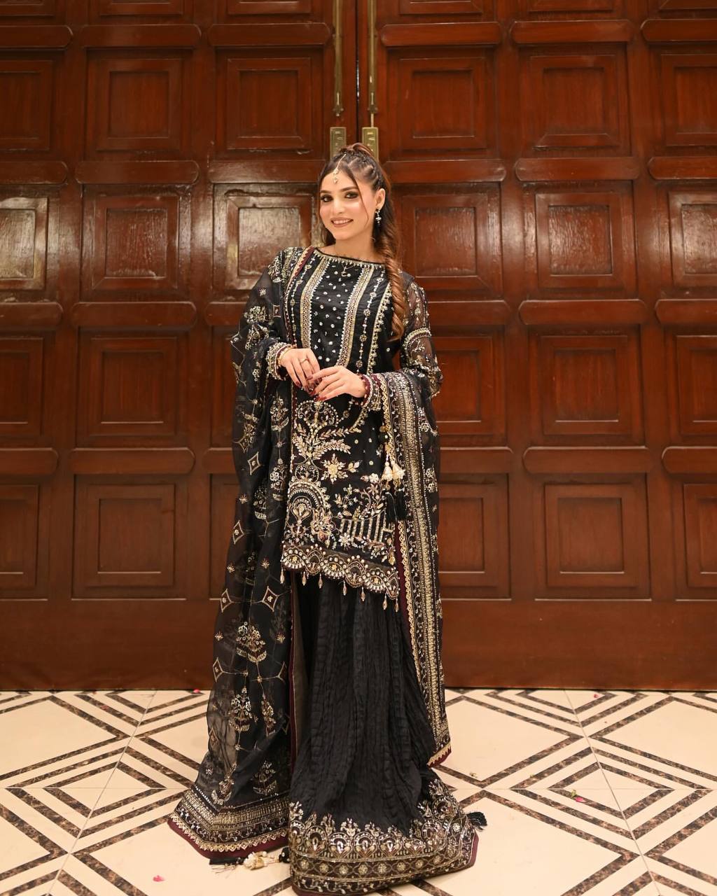Black Designer Faux Georgette  Plazzo Top and Dupatta For Party Wear
