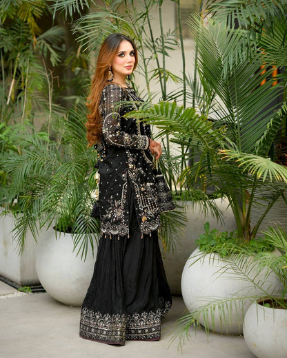 Black Designer Faux Georgette  Plazzo Top and Dupatta For Party Wear